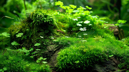 Fototapeta premium A close-up of moss and tiny plants growing on a rock in a dense forest, showing the rich green texture.
