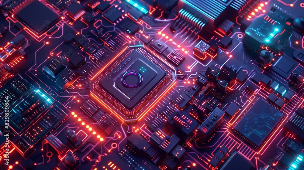 Poster vibrant close-up of a computer motherboard with neon lights, showcasing intricate circuitry and adva