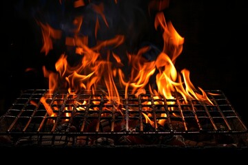 Dancing flames lick the grates of an empty grill, sparks illuminate the night sky in this close-up barbecue scene.