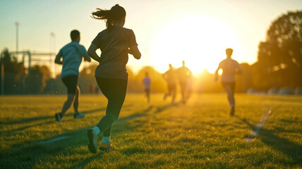 Fototapeta premium People running on a grassy field at sunset. Fitness and outdoor activity concept. Design for poster, banner, wallpaper. Backlit photography.