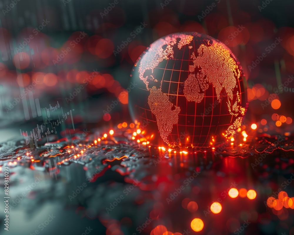 Poster glowing digital globe with red lights representing global connectivity and technology. futuristic wo
