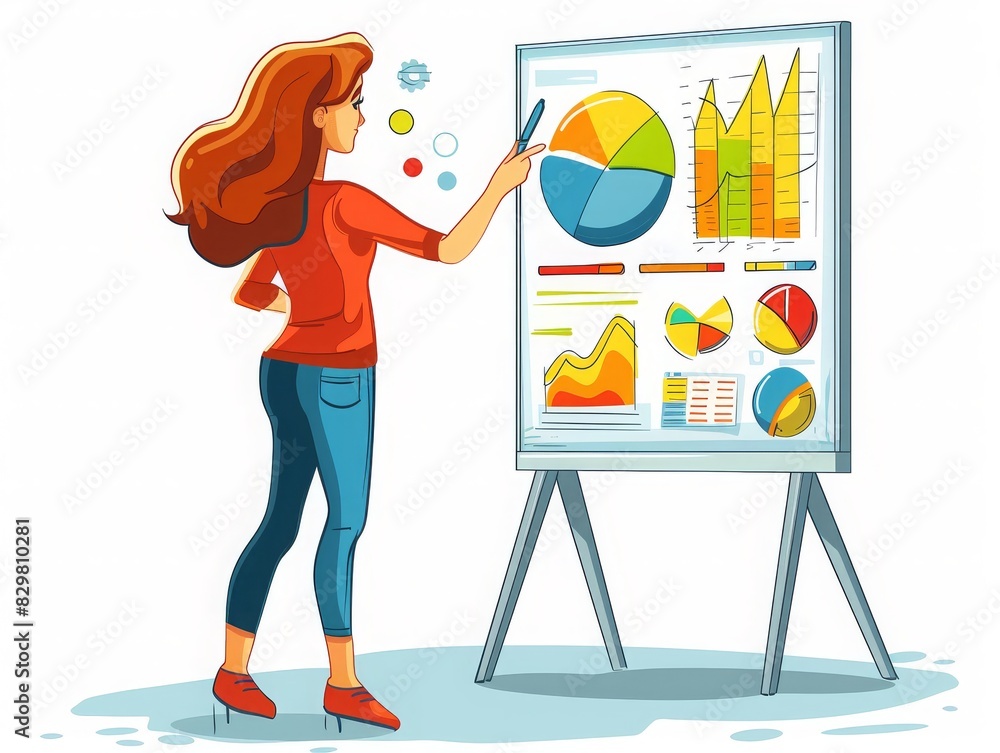 Poster illustration of a woman presenting data charts on a board, displaying pie charts and graphs, represe