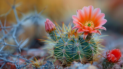 A macro image of a cactus with sharp spines and a blooming flower in the desert.