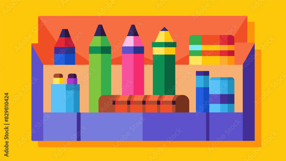 Poster a set of crayons markers and construction paper neatly arranged in a cubby hole for the students nex