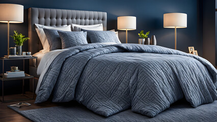 Modern bedroom, double bed, high-end furniture, modern home design, textured pillows and blankets, high-end hotel