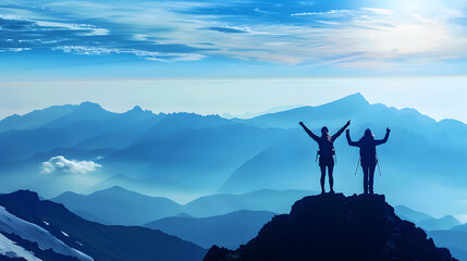 Silhouette of two hikers with arms raised celebrating success on mountain top in panoramic mountain scene