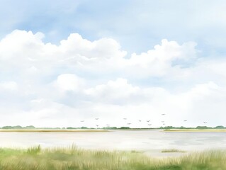 Tranquil landscape of a clear blue sky with white clouds over a serene grassy field, perfect for nature or outdoor themes.