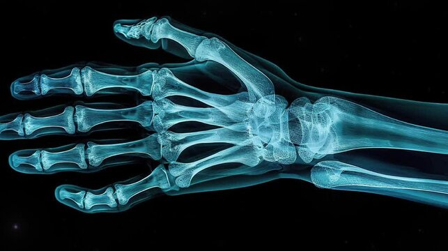 Human hand's blue x-ray, hand bones.