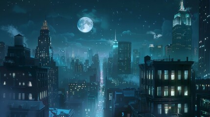 A cityscape under a full moon, with the moonlight reflecting off the skyscrapers' windows. The city looks magical and alive, even in the quiet of the night.