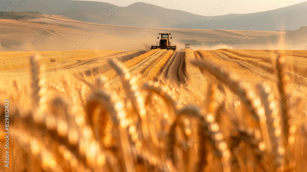 Poster a tractor is driving through a field of wheat. the field is very large and the tractor is the only t