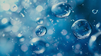 Close-Up of Water Droplets on a Blue Background with Bokeh Effect