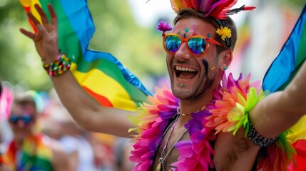 A dynamic Berlin Pride march with techno music, artistic costumes, and historical sites. --ar 16:9...