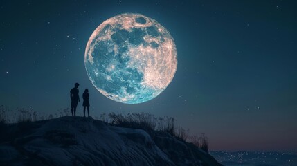 A couple stands on a hilltop, gazing at the full moon. The moon's light creates a romantic and peaceful setting, perfect for sharing a quiet moment together.