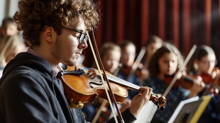 A dedicated music teacher conducts a school orchestra practice. Students of different ages and skill levels play their instruments in harmony, creating beautiful music together.