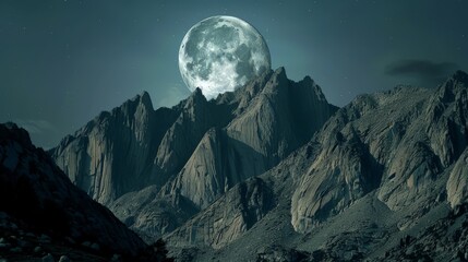 A full moon hangs above a mountain range, casting a cool, silver light over the peaks. The rugged terrain looks both majestic and serene under the moonlight.