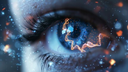 A close-up of a human eye with digital overlays of DNA sequences, symbolizing the role of genetics in human evolution and development.