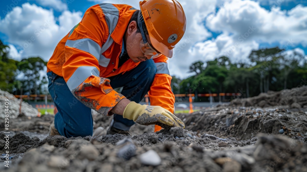 Poster a geotechnical engineer studies soil samples at a construction site. they are determining the suitab