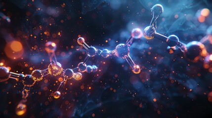 A digital artwork of nitrogen and carbon atoms bonding together to form a molecule, with glowing lines to indicate the chemical bonds between them.