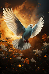Graceful Flight: White Pigeon Soaring Amidst Blooming Flowers