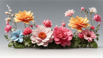 a rectangular image of a variety of flowers against a pale blue background.