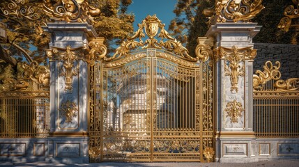 A golden gate leading to a majestic palace, adorned with intricate designs and embellishments. The...