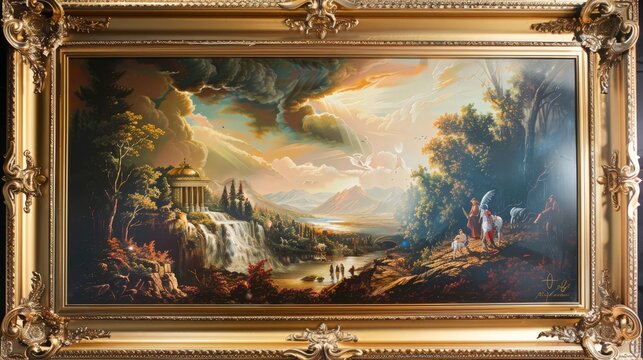 Naklejki A golden frame surrounding a classic painting, highlighting its elegance and timeless beauty. The frame's ornate design complements the artwork within.
