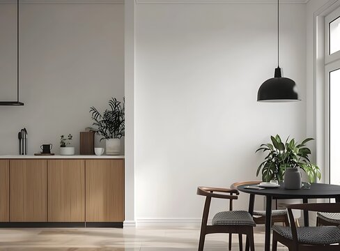 A hammac style dining room interior with a black table, chairs and armchair in the style of modern white walls interior with a wooden cabinet and plant decor