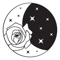 Mystical vector floral moon with rose flower and stars in black color. Astrology composition design