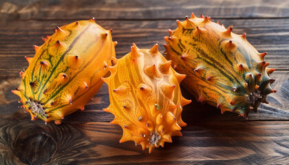 Fresh and ripe kiwano on wooden table. Tasty exotic fruit. Healthy lifestyle and diet concept.