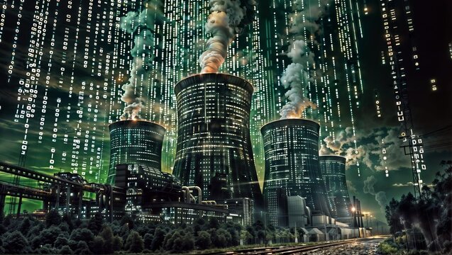 A futuristic and dystopian digital cityscape with towering skyscrapers made of binary code and data streams, representing the power of technology and information.