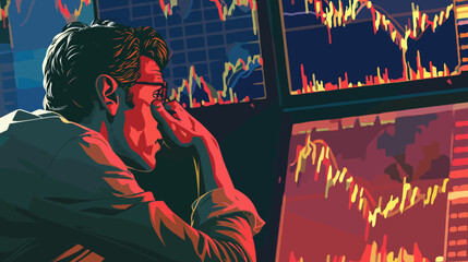 Investor Contemplating Stock Market Volatility, Assessing Risks and Opportunities