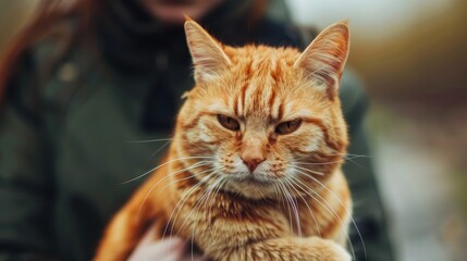 Unhappy Ginger Cat Displeased about Being Lifted Up Concept of Beloved Pets