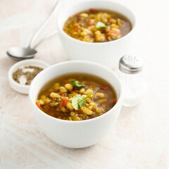Healthy lentil soup with basil