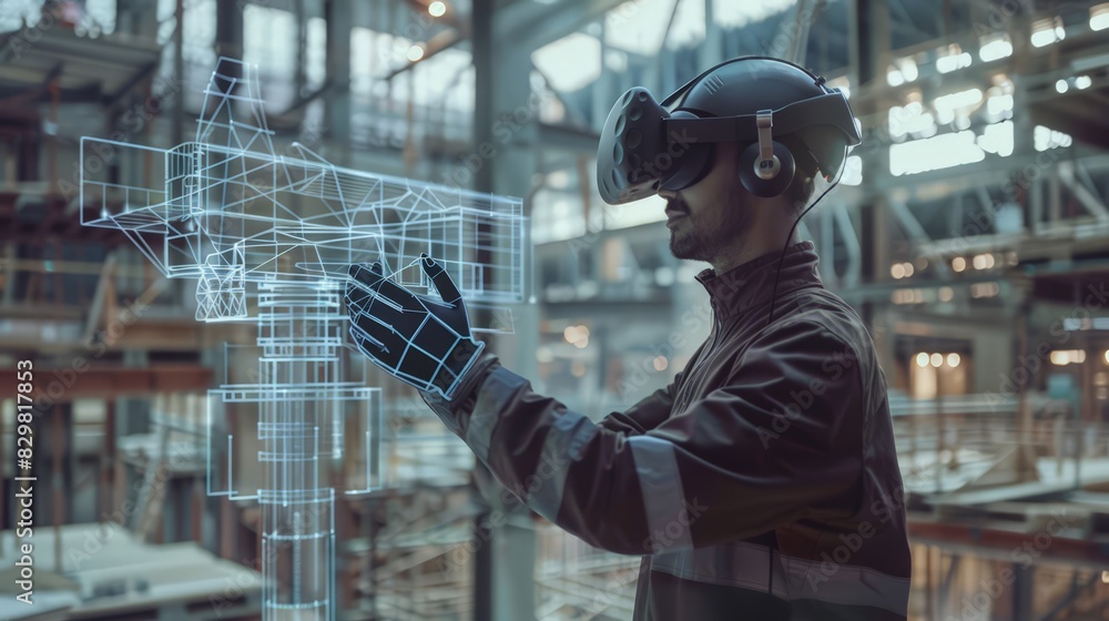 Poster an engineer using vr technology to simulate a construction project. they are immersed in a virtual e