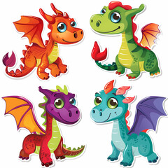 Obraz premium a Set Cute dragon on a White Canvas Sticker,vector image