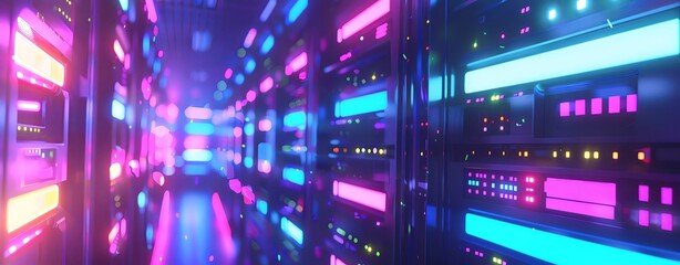 3D render of a data center with many virtual machines, glowing lights and neon colors. Concept for cloud computing or a big super computer. Digital abstract background.