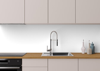 Modern kitchen splashback mockup. Kitchen furniture and empty, transparent backwall ready to insert picture, print. Minimalist design. Back wall mock up, template. Countertop and upper cabinets. 3D.