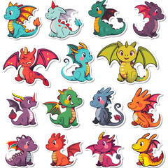 a Set Cute dragon on a White Canvas Sticker,vector image