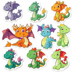 a Set Cute dragon on a White Canvas Sticker,vector image