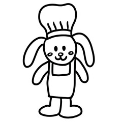 Hand drawn bunny in a chef hat outline for cartoon, character, comic, mascot, plush toy, rabbit doll, cute patches, easter, kids, toddler, baby, picnic, spring, summer, zoo, cooking, colouring book