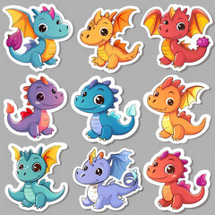 Obraz premium a Set Cute dragon on a White Canvas Sticker,vector image