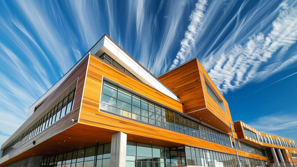 Fototapeta premium Dynamic Modern Building with Wood Paneling and Dramatic Sky Background