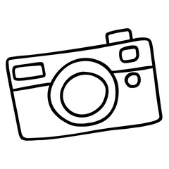 Hand drawn camera outline for kid colouring book, trip, tattoo, vacation, travel, journey, memory, polaroid photo, post card, souvenir, decorations, logo, icon, print, social media, leisure, hobbies