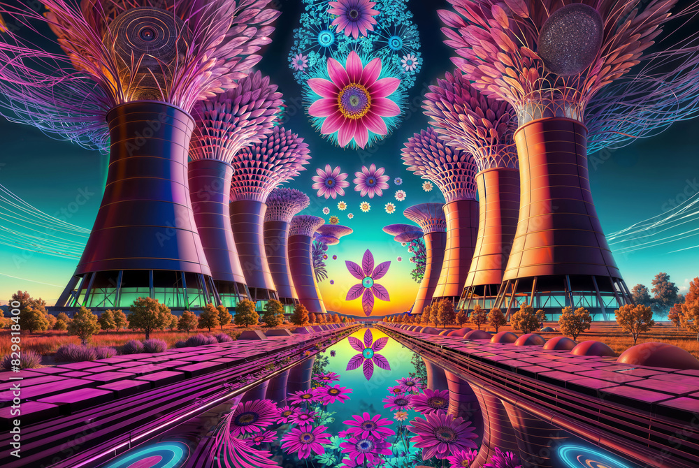 Fototapete a psychedelic and mystical rendering of a nuclear power plant, with cooling towers transformed into 