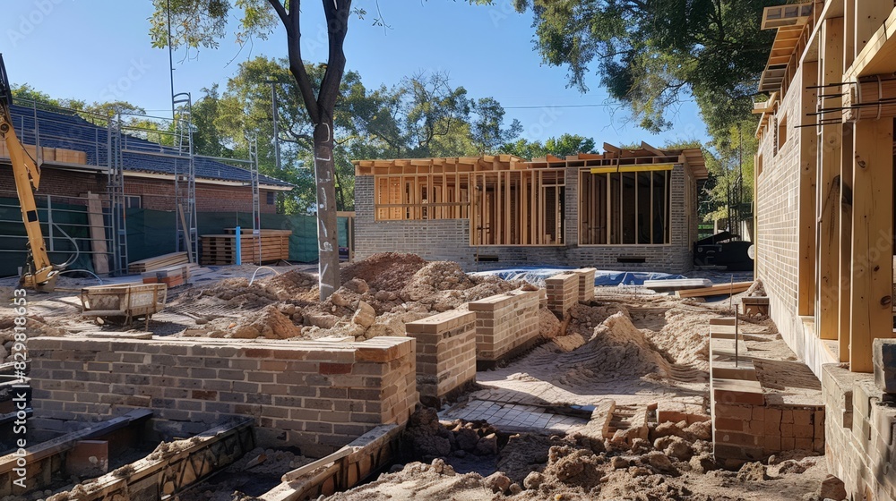 Wall mural Each brick laid and beam secured brings the construction project one step closer to completion.