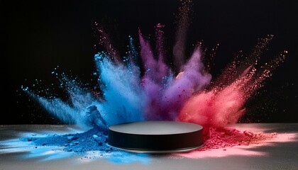 Empty round podium platform mockup for product presentation, colored powder explosion around it