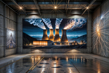 A stunning and imaginative digital artwork showcasing a futuristic nuclear power plant set against a mountainous landscape, with ethereal smoke plumes and fireworks-like effects.