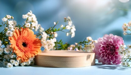Round podium platform for beauty product presentation and beautiful flowers on blue background