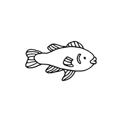 Fish, aquatic vertebrate animal. Sea World.Doodle. Vector illustration. Hand drawn. Outline.