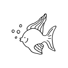 Fish, aquatic vertebrate animal. Sea, underwater world.  Doodle.  Vector illustration. Hand drawn. Outline.